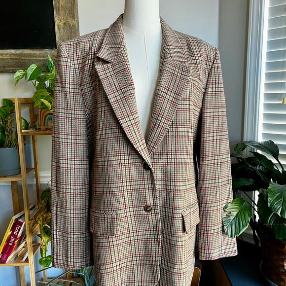 Vintage 90s Pendleton Tan Red and Black Plaid Wool Blazer Size Large - Picture 1 of 5